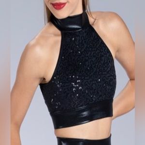BALERA DANCE SMALL BLACK DANCE COSTUME TOP SEQUIN HALTER TOP GREAT CONDITION